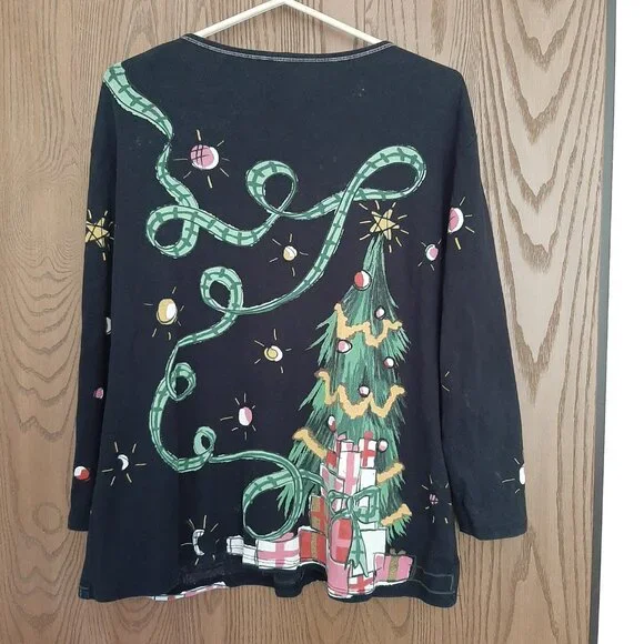 Jess & Jane Top Women Large Black Christmas Tree Presents V-Neck Top XL - Picture 6 of 7